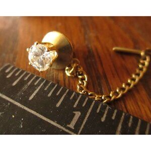 Estate Vintage Gold Tone Tie Tack With Clear Rhinestone Accent